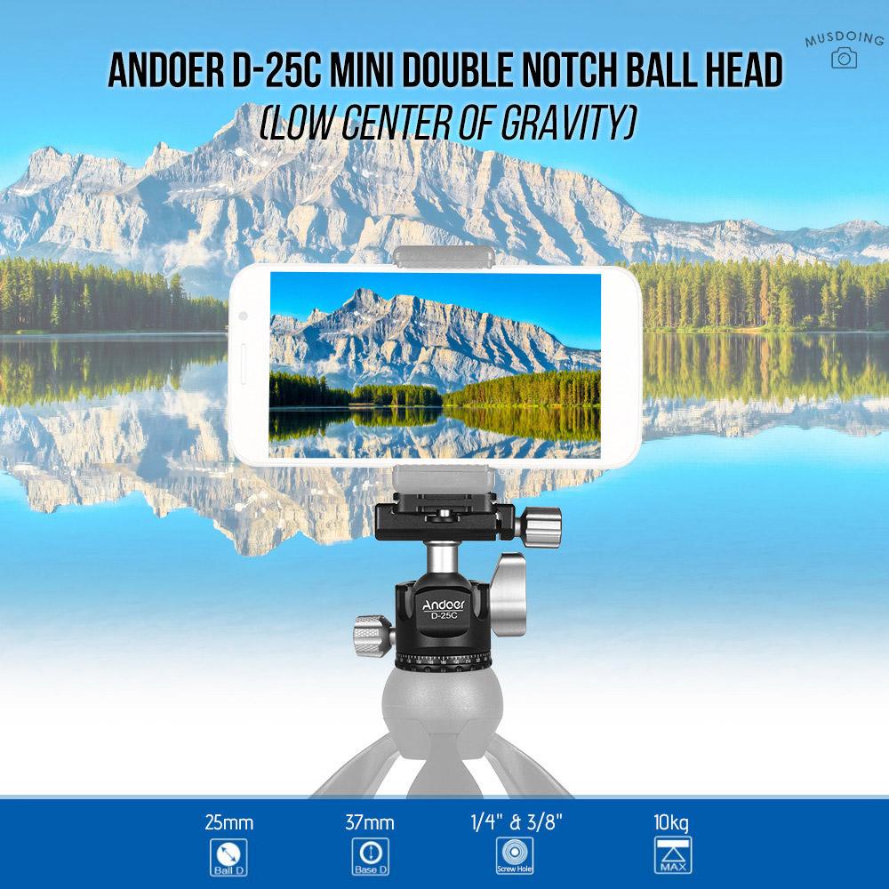 ღ Andoer D-25C CNC Machining Aluminum Alloy Double Notch Ball Head Mini Ballhead Low Center of Gravity for Manfrotto Tripod Monopod for DSLR ILDC Cameras Max Load Capacity 10kg