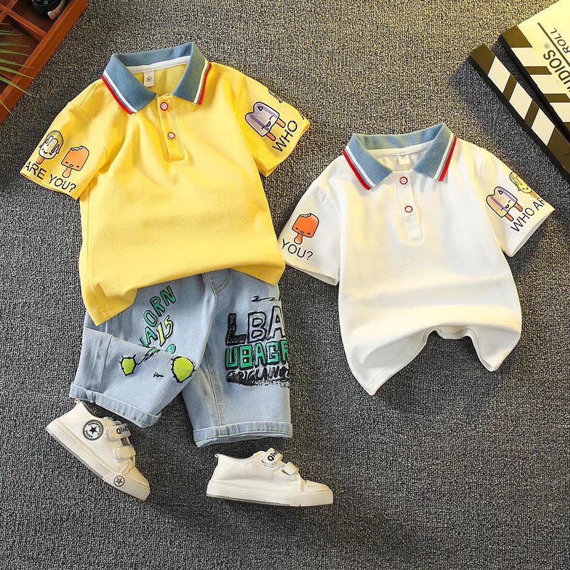 Bộ Áo Thun polo + Quần Short Denim Ngắn Tay Họa Tiết Hoạt Hình Thời Trang Mùa Hè 2022 Cho Bé Trai 3-15 Tuổi