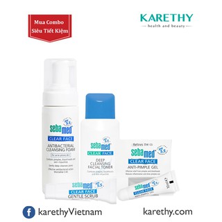 Combo trọn bộ sebamed: sữa rửa mặt, nước hoa hồng, tẩy tế bào chết và gel giảm mụn
