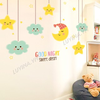 Decal dán tường Hàn Quốc- trang trí quán cafe, văn phòng- Dây trăng sao và mây