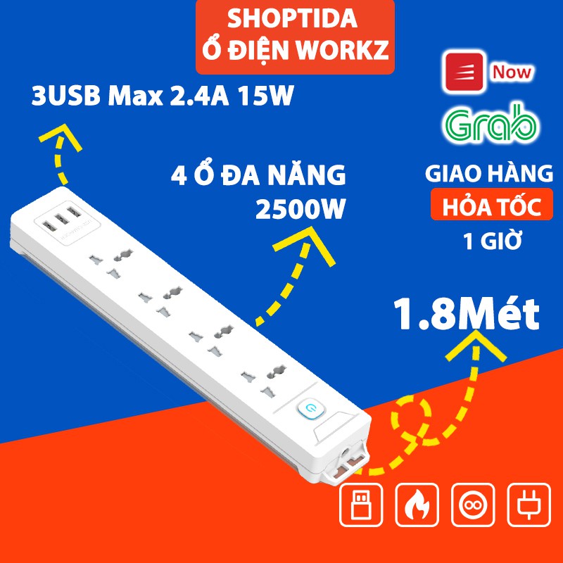 Combo 2 Ổ Cắm Điện Đa Năng CubeZ/WorkZ Shoptida 3 Cổng USB và 4 Ổ Điện chịu tải 2500W Dây nối dài 1.8m