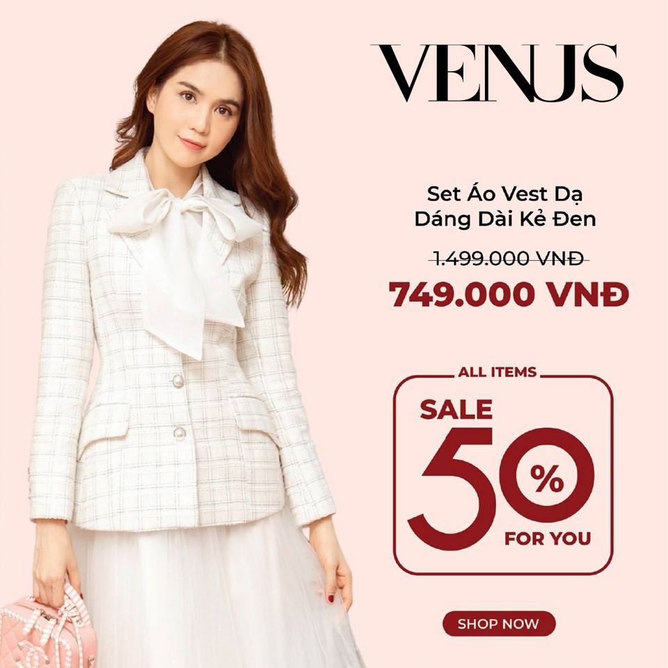 Set áo vest dạ dáng dài kẻ đen VENUS