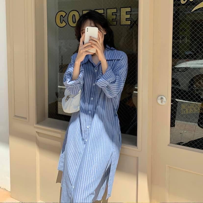 Váy sơ mi dáng dài suông dài tay kẻ sọc kèm đai vintage. Đầm sơ mi dài tay dáng dài kẻ sọc hai màu xanh đen hothit