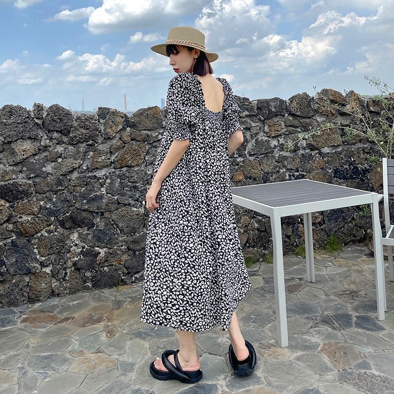 Đầm dài tay phồng họa tiết hoa phong cách retro thanh lịch