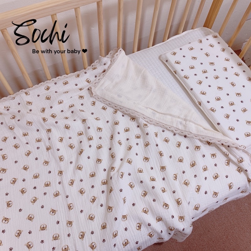 Chăn xô muslin có kèm ruột bông đắp 4 mùa họa tiết đáng yêu cho bé