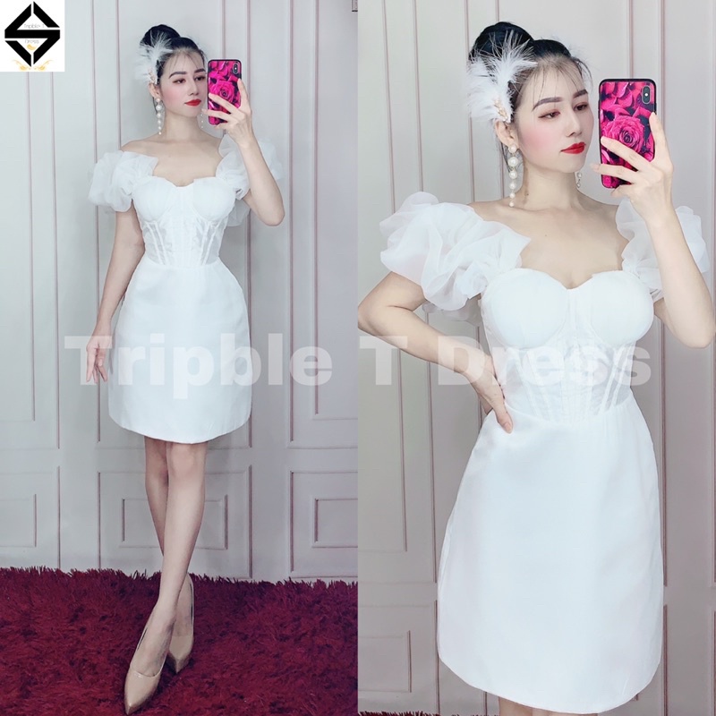 Đầm body dự tiệc nhúng phồng voan kính TRIPBLE T DRESS - size S/M/L - MS214Y