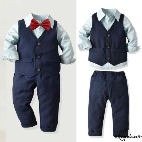 ➤♕❀❤4pcs Kids Baby Clothes Boys Sets Solid Shirts Tops+Vest+Pants Wedding Tuxedo Formal Dressy Suit