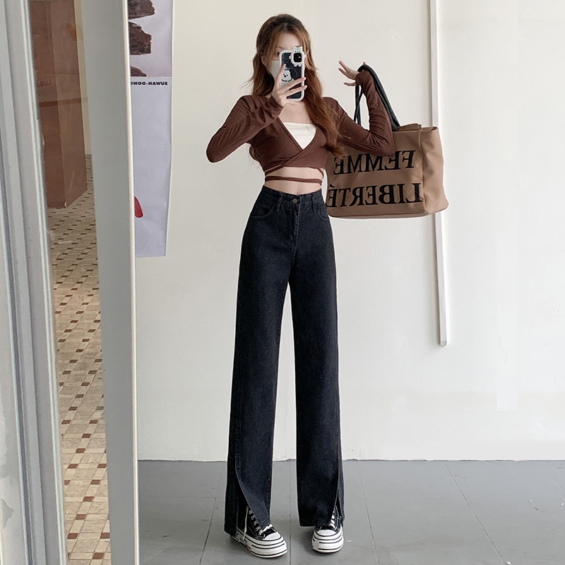 Quần Jean Nữ Ống Loe Lưng Cao Xẻ Tà Màu Đen Phong Cách retro Mỹ