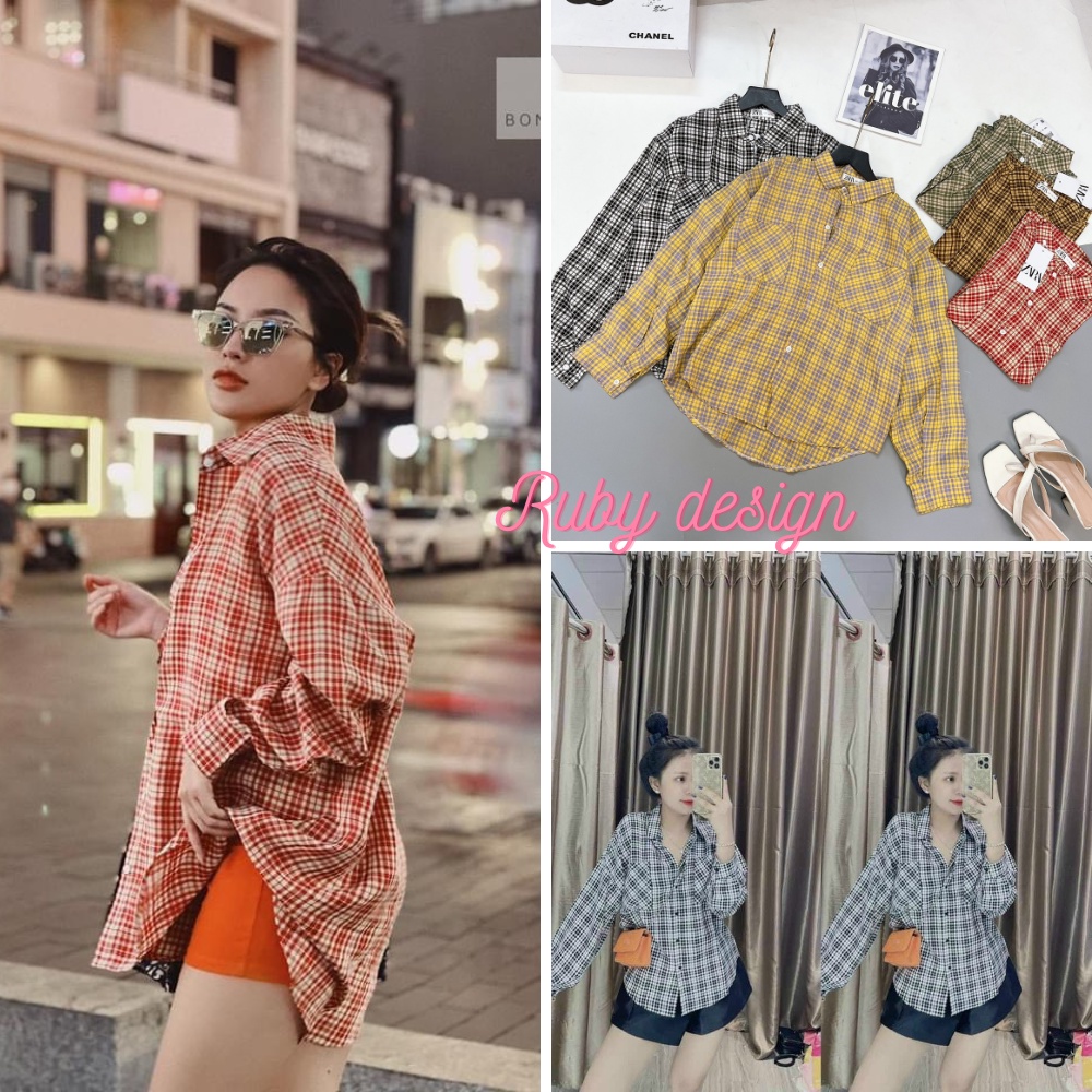 Sơ mi nữ áo sơ mi nữ caro dài tay form rộng 2 túi ngực cao cấp phong cách trẻ trung năng động đi làm đi chơi Ruby design