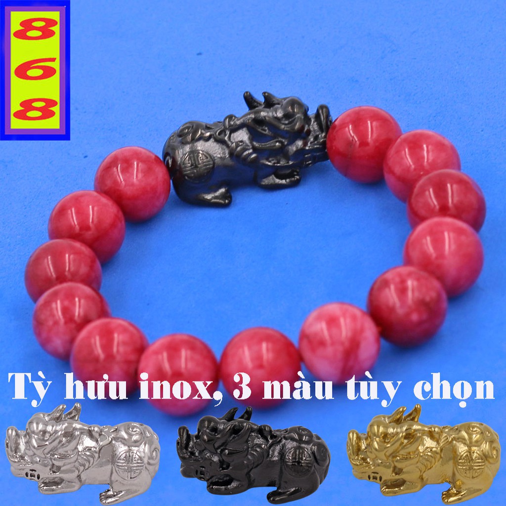 Chuỗi tay Hồng Ngọc Tự Nhiên 14 ly Charm Tỳ Hưu inox VDHNTHE14 - Hợp mệnh Hỏa, mệnh Thổ - Chuỗi size lớn