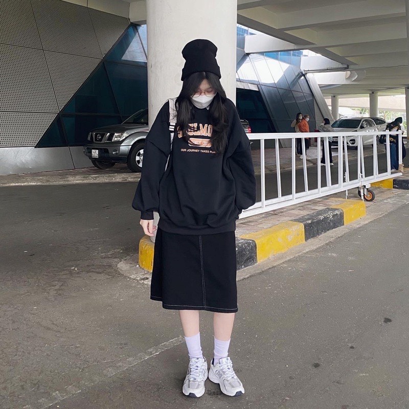 Chân váy jean chỉ trắng dáng midi, Chân váy jeans ulzzang hàng đẹp