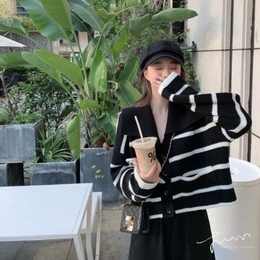 Áo khoác cardigan ZHELIHANGFEI len tay dài dáng rộng họa tiết kẻ sọc thời trang thanh lịch dành cho nữ