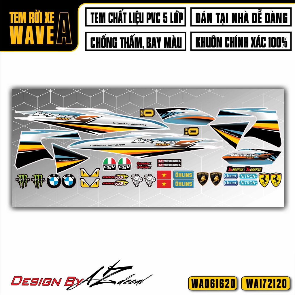 Tem Rời Dán Xe Wave A 100 110 Mẫu Chữ S100 | WA20 | Decal Chế Xe Máy Wave Alpha Độc Đáo, Bền Màu