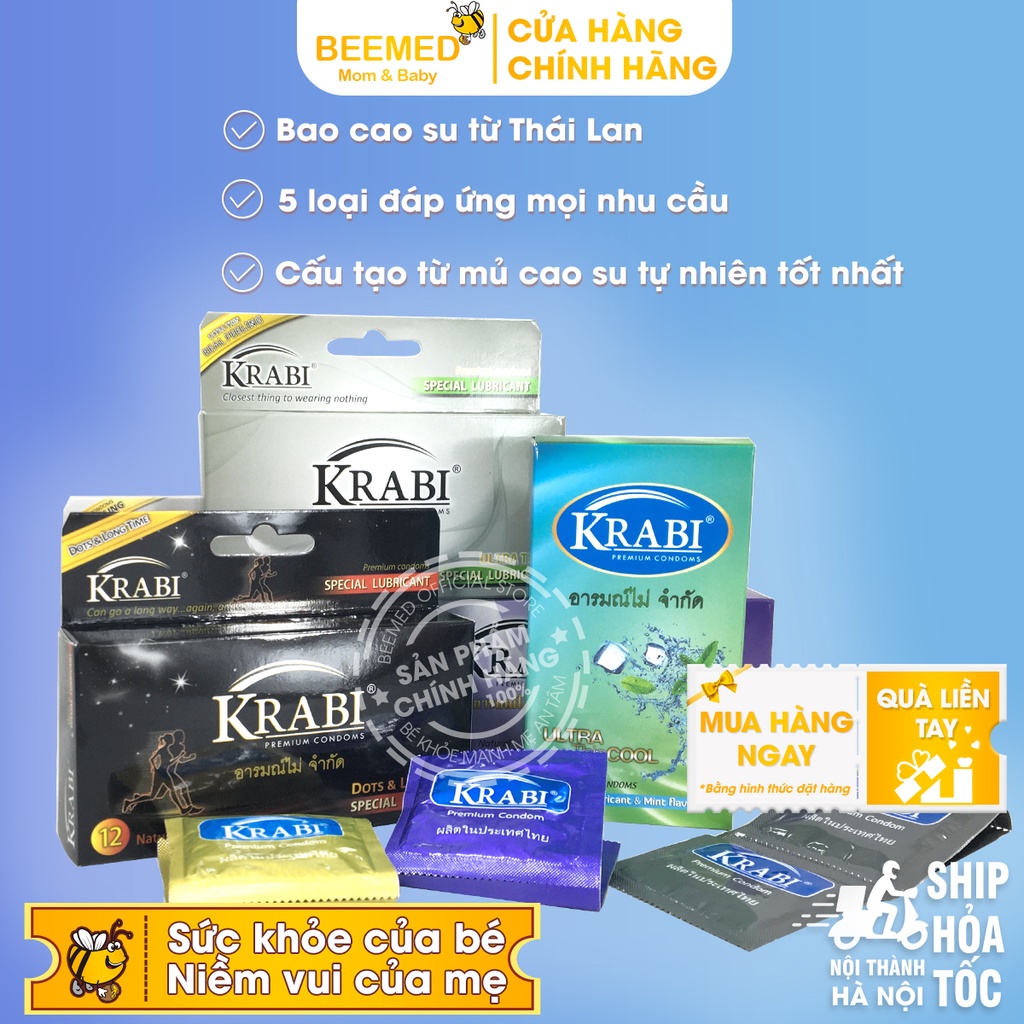 Bao cao su Krabi - bcs gân gai siêu mỏng, kéo dài thời gian và bôi trơn, 49mm đôn dên - Hộp 12 chiếc condom từ Thái Lan