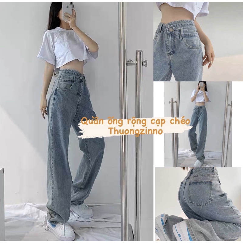 Quần bò ống rộng cạp chéo thiết kế lạ măt Quần jean ống rộng ulzzang ( có video shop mặc mẫu)