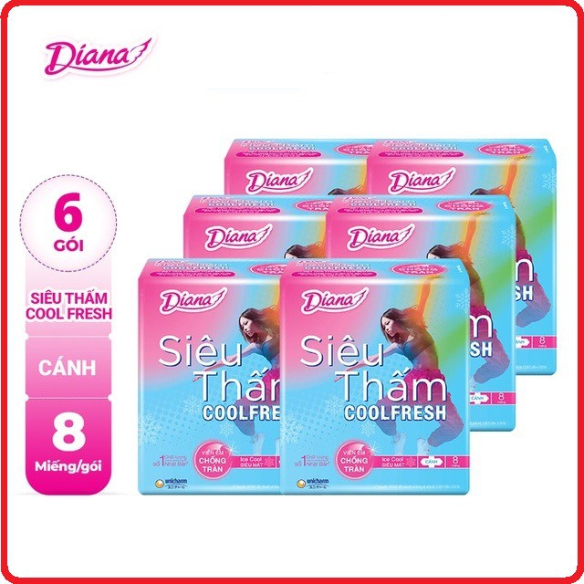 Lốc 6 GÓI BĂNG VỆ SINH DIANA SIÊU THẤM COOL FRESH CÁNH 8 Miếng