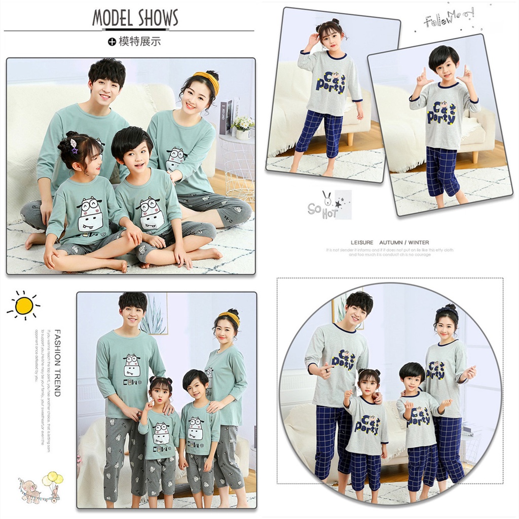 Bộ Đồ Ngủ Tay Dài 3 / 4 Vải Cotton 100-180cm Dành Cho Ba Mẹ Và Bé