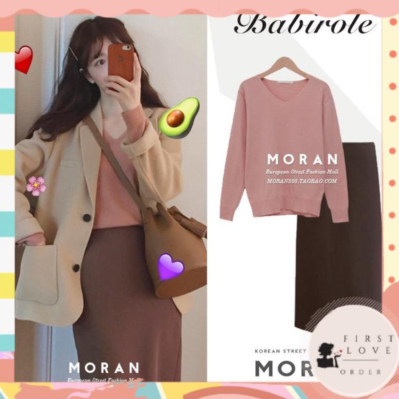 (firstlove ORDER) Set MORAN Áo len hồng pastel cổ V nhẹ nhàng+ Chân váy cạp cao bút chì dáng dài style Hàn Quốc 01