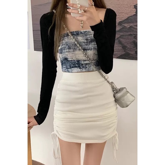 Chân Váy Dệt Kim Ngắn Lưng Cao Co Giãn Màu Sắc Trơn Phối Dây Rút Phong Cách Hàn Quốc Cho Nữ