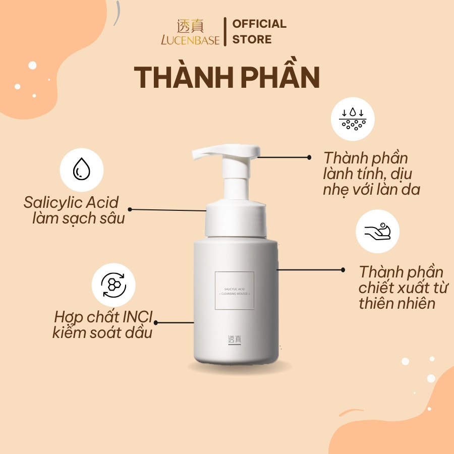 Sữa rữa mặt tạo bọt  lucenbase Axit Salicylic kiềm dầu, giảm mụn đầu đen, mụn ẩn ,chính hãng Lucenbase 150ml
