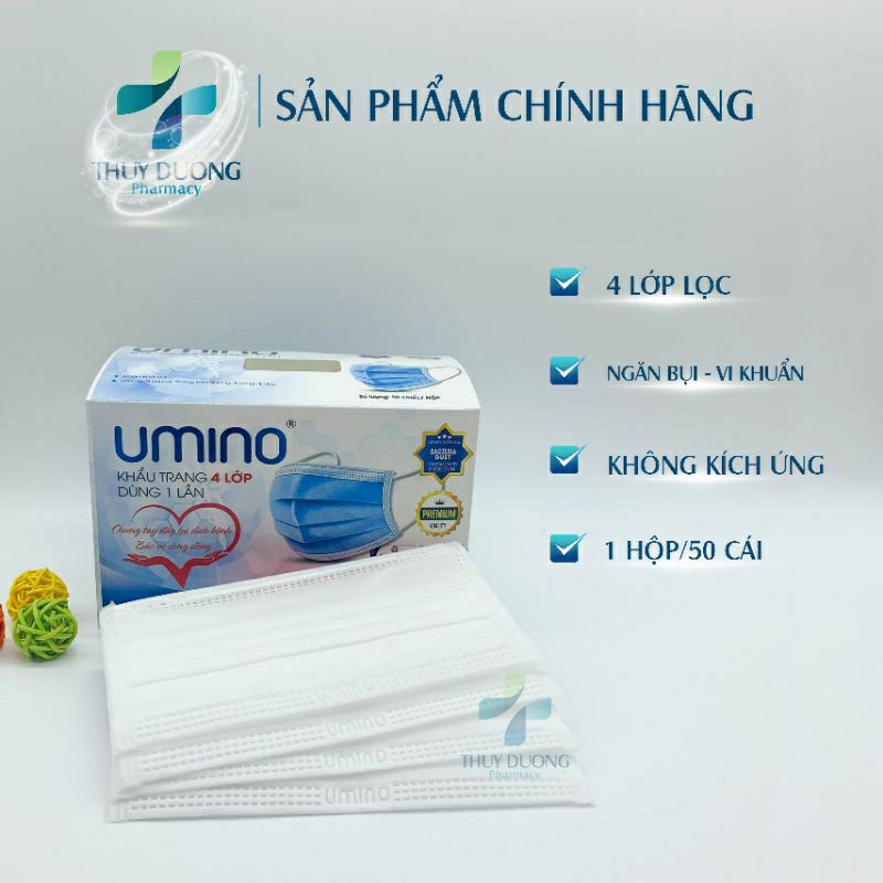 (Umino Long Châu) Khẩu trang 4 lớp Umino màu trắng hộp 50 chiếc