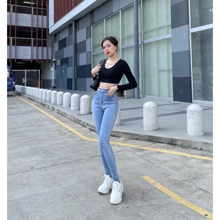 Quần Skinny 3 nút Lưng Siêu Cao YuRi Jeans Màu Xanh  Nhạt Đủ Size ( S M L)