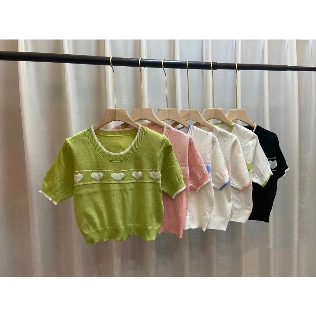 QADCOL  Áo Dệt Kim Nữ Tay Ngắn Cổ Tròn Thời Trang Hàn Quốc Hiện Có 6 Màu