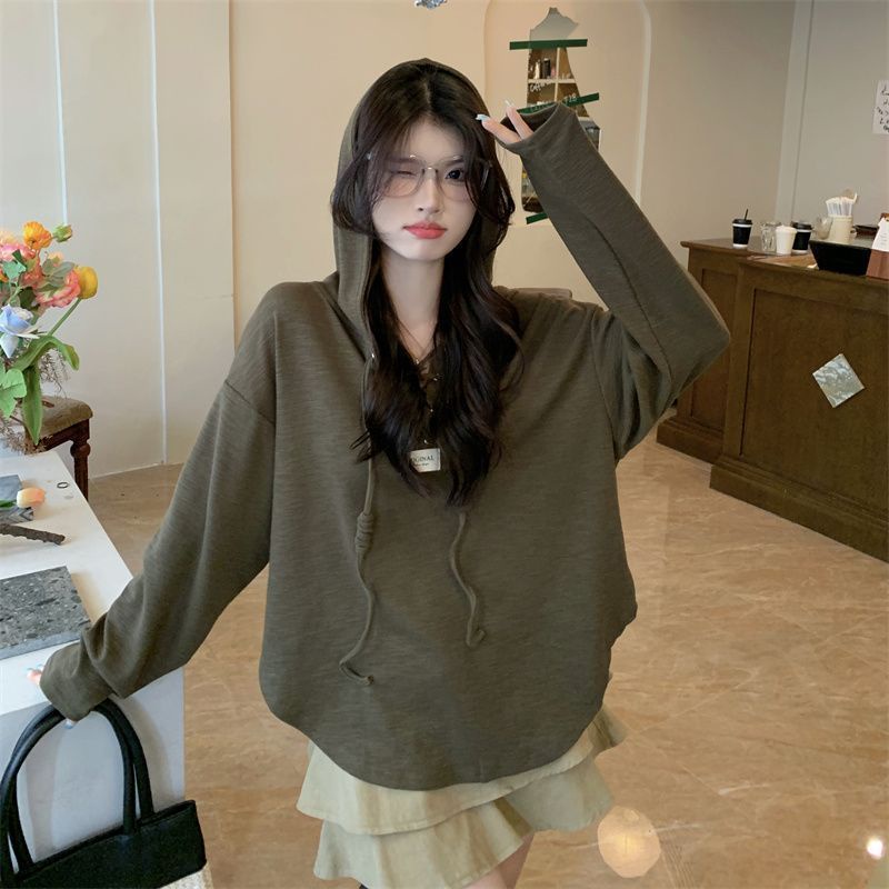 Áo thun COZOKC tay dài có mũ trùm đầu dáng rộng thời trang