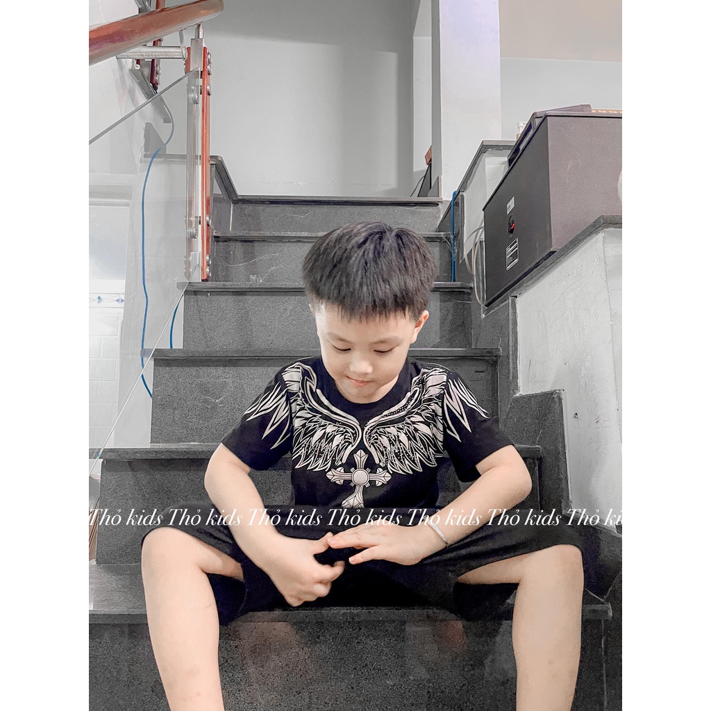 Quần áo trẻ em bộ thun đính đá cho bé trai ngắn tay quần đùi chất cotton co giãn thoáng mát