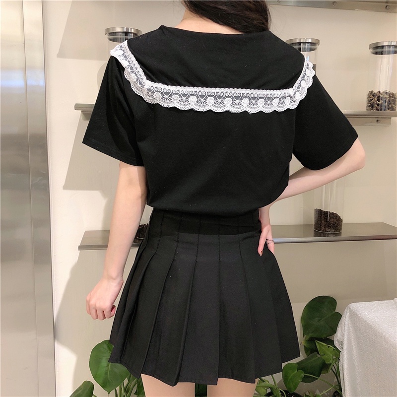 Áo Thun Tay Ngắn Dáng Rộng Cổ Búp Bê Phối Ren Phong Cách Hàn Quốc Xinh Xắn Cho Nữ