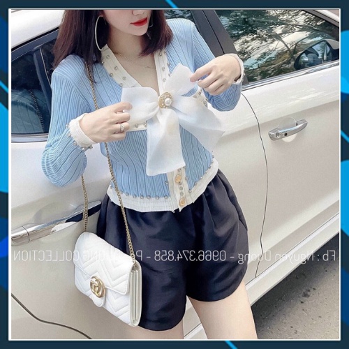 Áo len cổ V tay dài đính nơ viền đá ulzzang kiểu Hàn Quốc | BigBuy360 - bigbuy360.vn