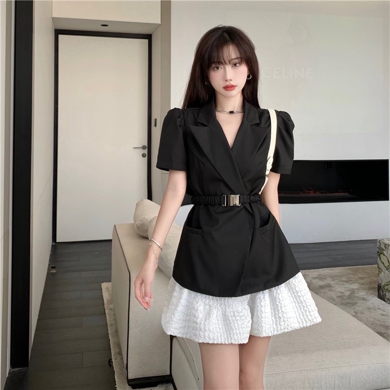 Set áo vest chân váy kèm belt S002( áo lẻ kèm belt)