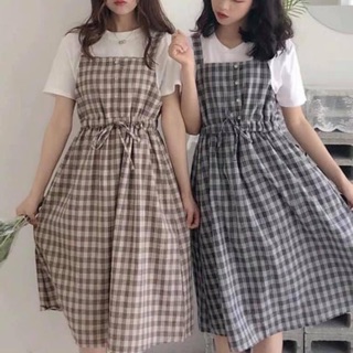 SET YẾM VÁY KẺ CARO + ÁO COTON