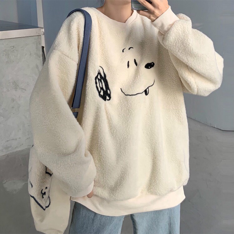 Áo Sweater Nữ Lông Form Rộng Thêu Hình Cún Snoopy Chất Lông Mềm Mịn Dày Ấm Phong Cách Thời Trang Hàn Quốc | BigBuy360 - bigbuy360.vn