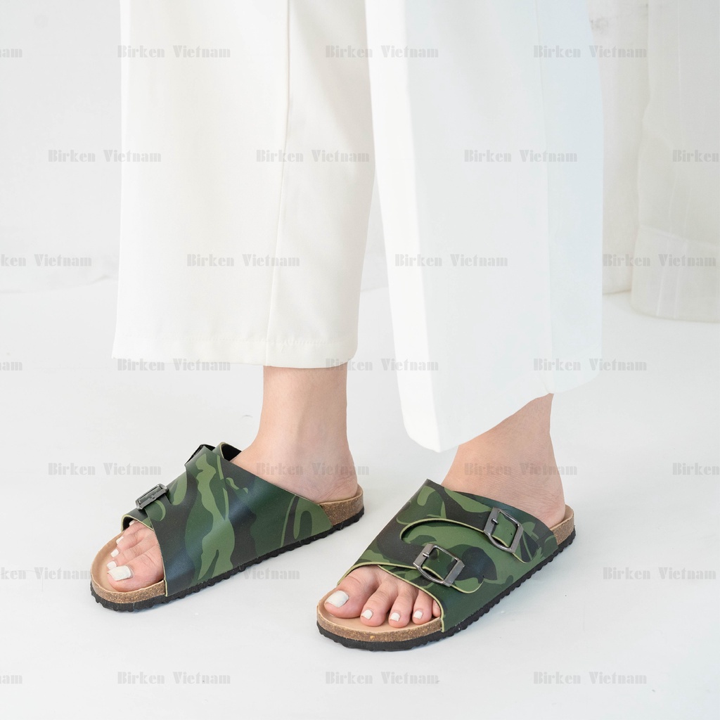 [ New Style ] Mã R19 DÉP ĐẾ TRẤU Da PU Camo Rằn Ri Quai Nguyên Tấm Cách Điệu Unisex Birken Vietnam Bioline