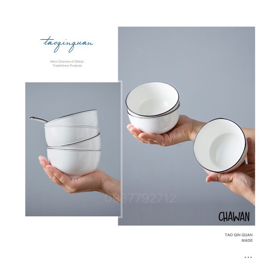 BÁT ĂN CƠM BÁT SỨ TỐI GIẢN TRẮNG VIỀN ĐEN (BÁN LẺ MÓN)- S4