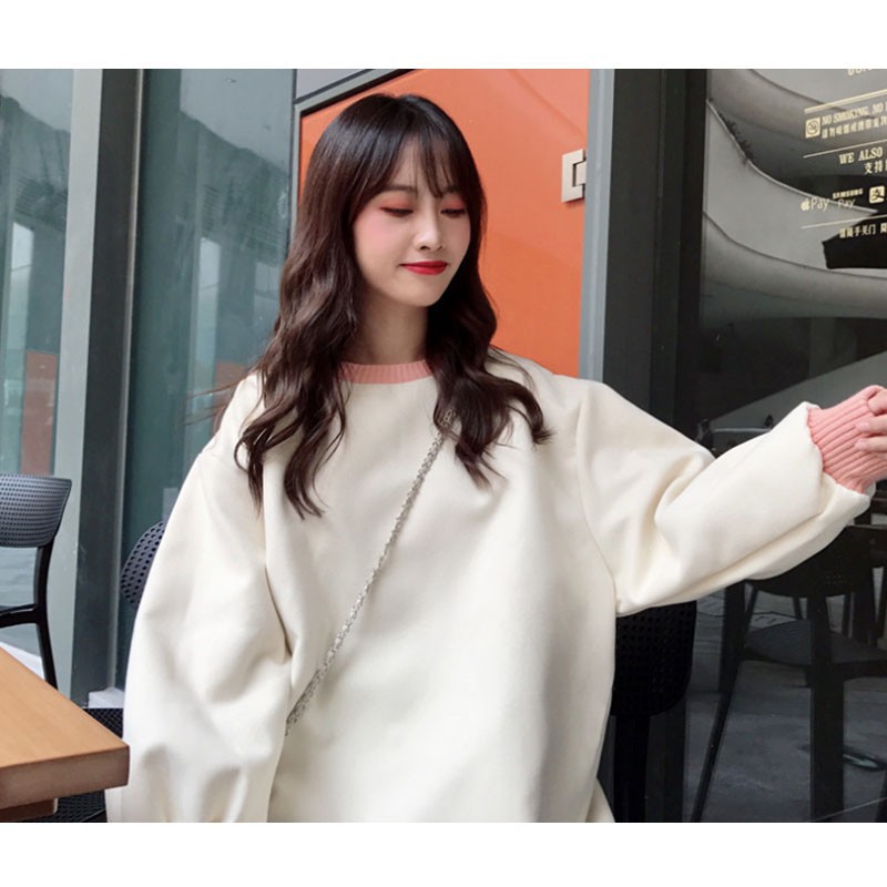 Áo Sweater Vải Cotton Phối Nhung Dáng Rộng Kiểu Hàn Quốc Cá Tính