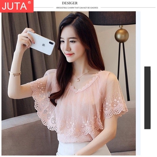 Áo chiffon cổ v phối ren phối bèo thời trang mùa hè thanh lịch cho nữ