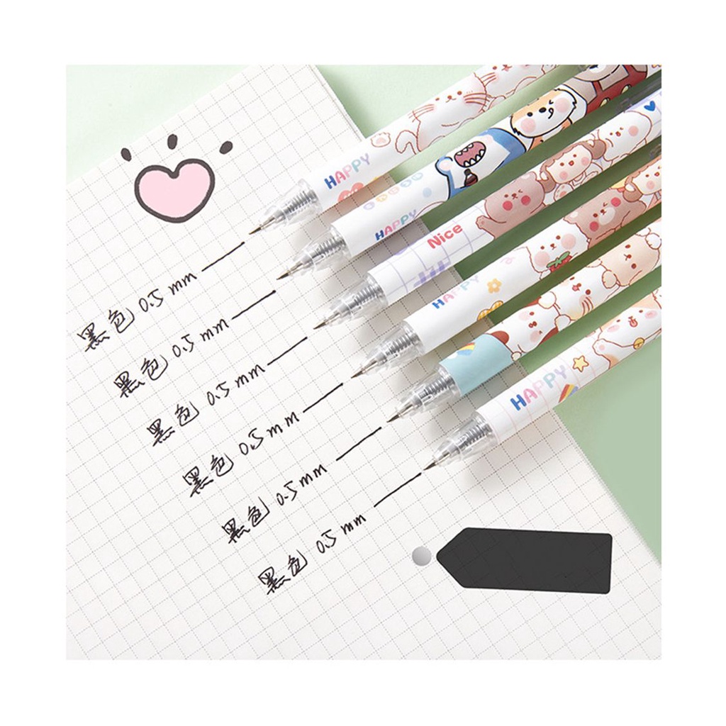 6 bút gel bấm mực đen khô nhanh vỏ in họa tiết hoạt hình sáng tạo dành cho học sinh/văn phòng