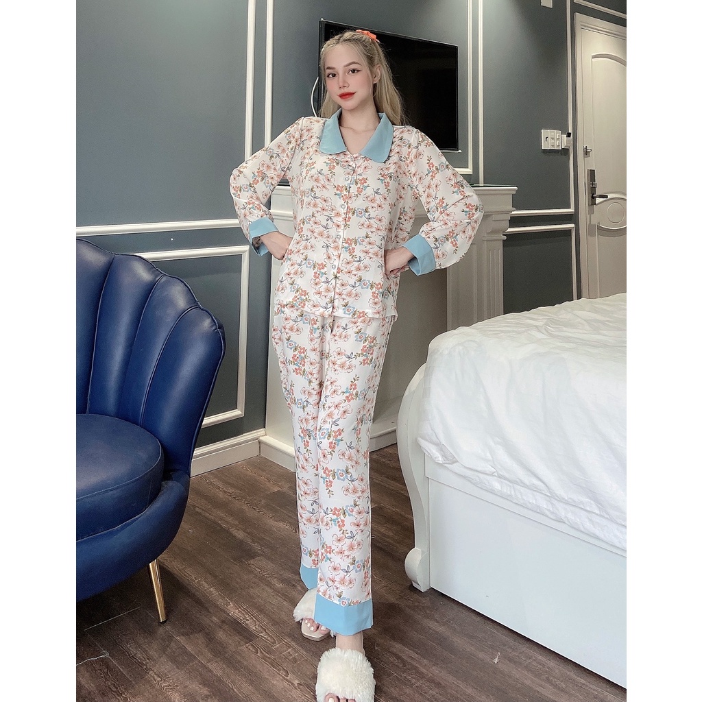 Đồ Bộ Mặc Nhà VAYO, Đồ Ngủ Lụa Dài Tay MANGO Cao Cấp Quần Dài Có Túi Đẹp Thời Trang Size M L Dưới 70kg