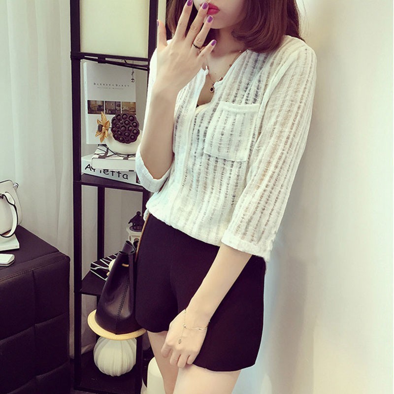 Áo sơ mi sọc cổ tròn phối túi thời trang cho nữ (sỉ lẻ)
