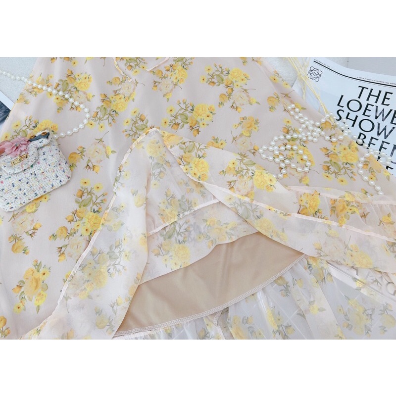 Đầm mixi hoa vàng bèo phồng