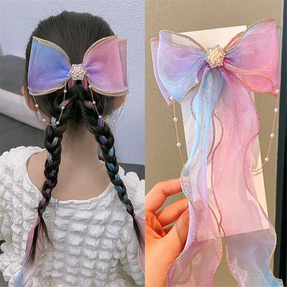 Kẹp Tóc Nơ Ren Đính Ngọc Trai Xinh Xắn Cho Bé Gái
