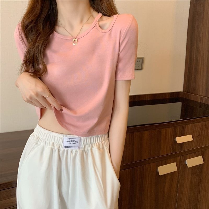 Áo Kiểu Nữ Tay Ngắn, Áo Thun Nữ Thiết Kế Khoét Vai Đủ Size S,M,L