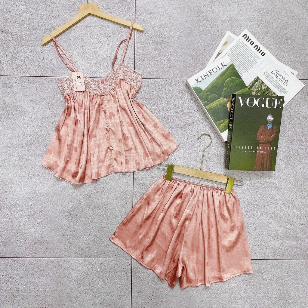 Set ngủ hai dây, set ngủ sexy nút bọc phối ren ngang ngực