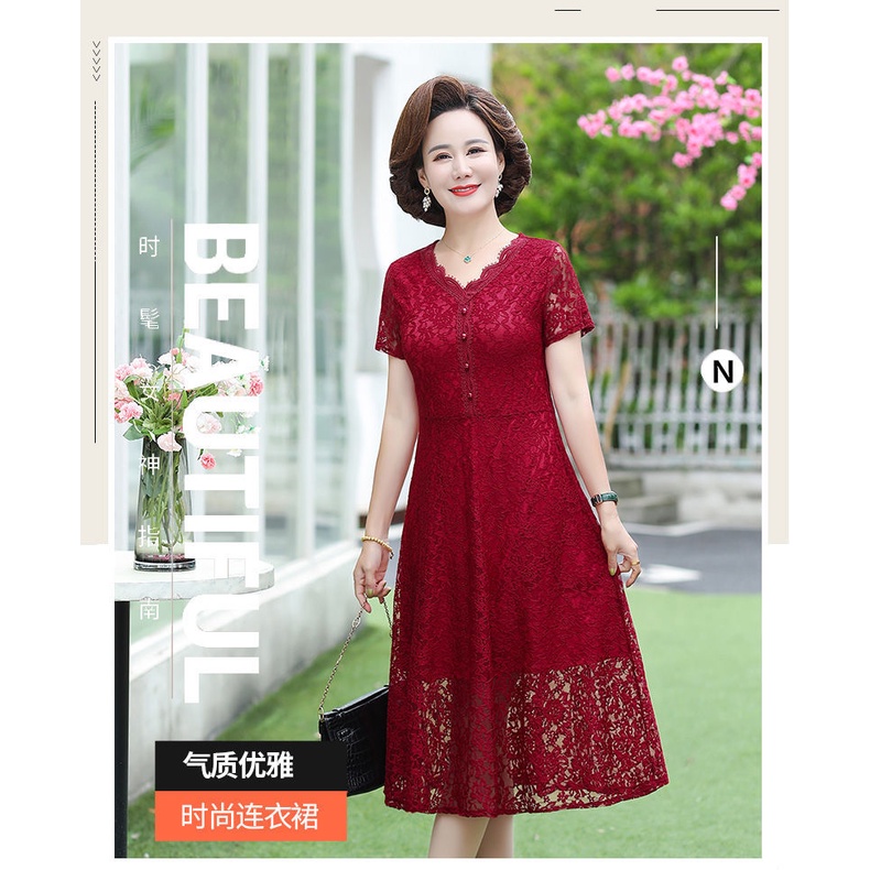 Đầm ren hai lớp tay ngắn có size lớn phong cách mùa hè thời trang cho phụ nữ trung niên