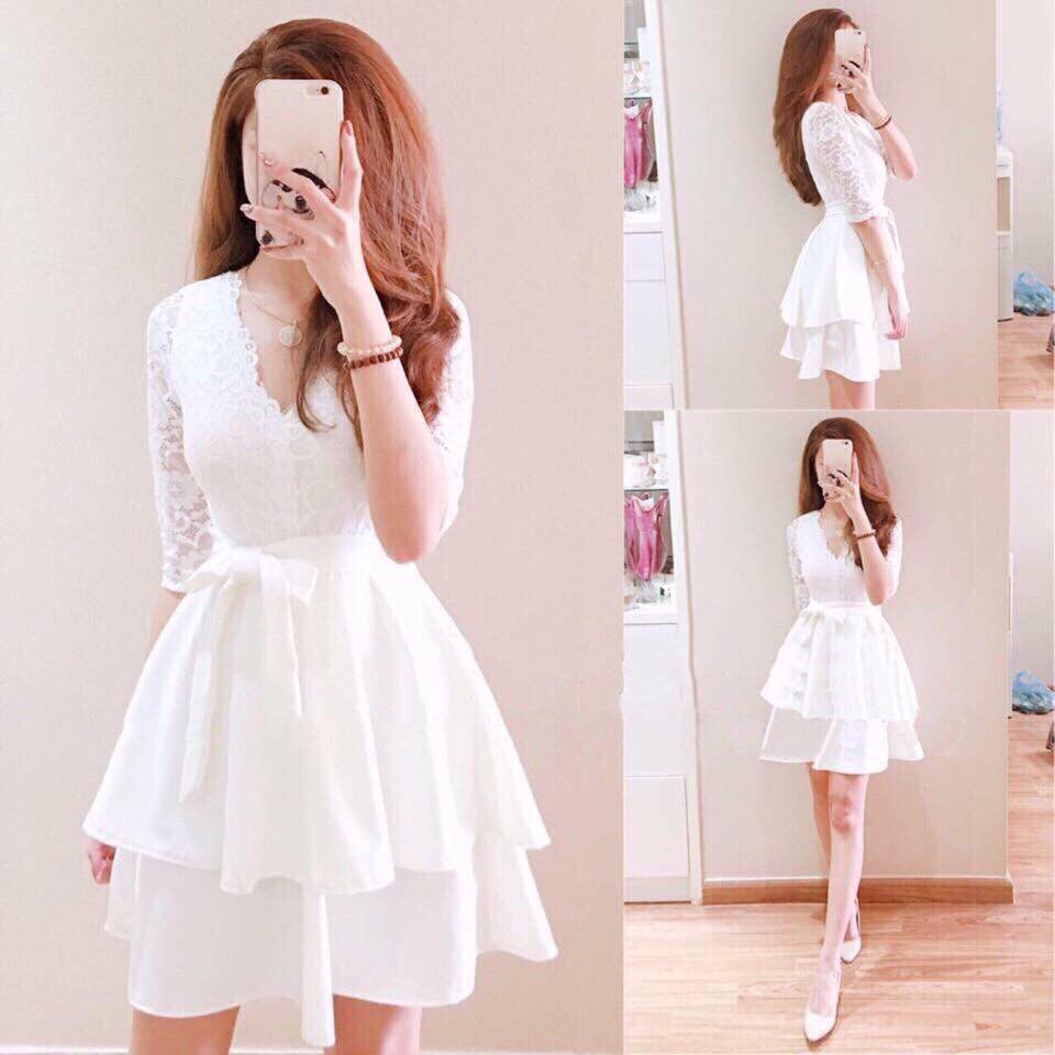 Đầm dự tiệc dáng xòe cổ tim đẹp lộng lẫy, đầm ren trắng siêu xinh Pie Dress