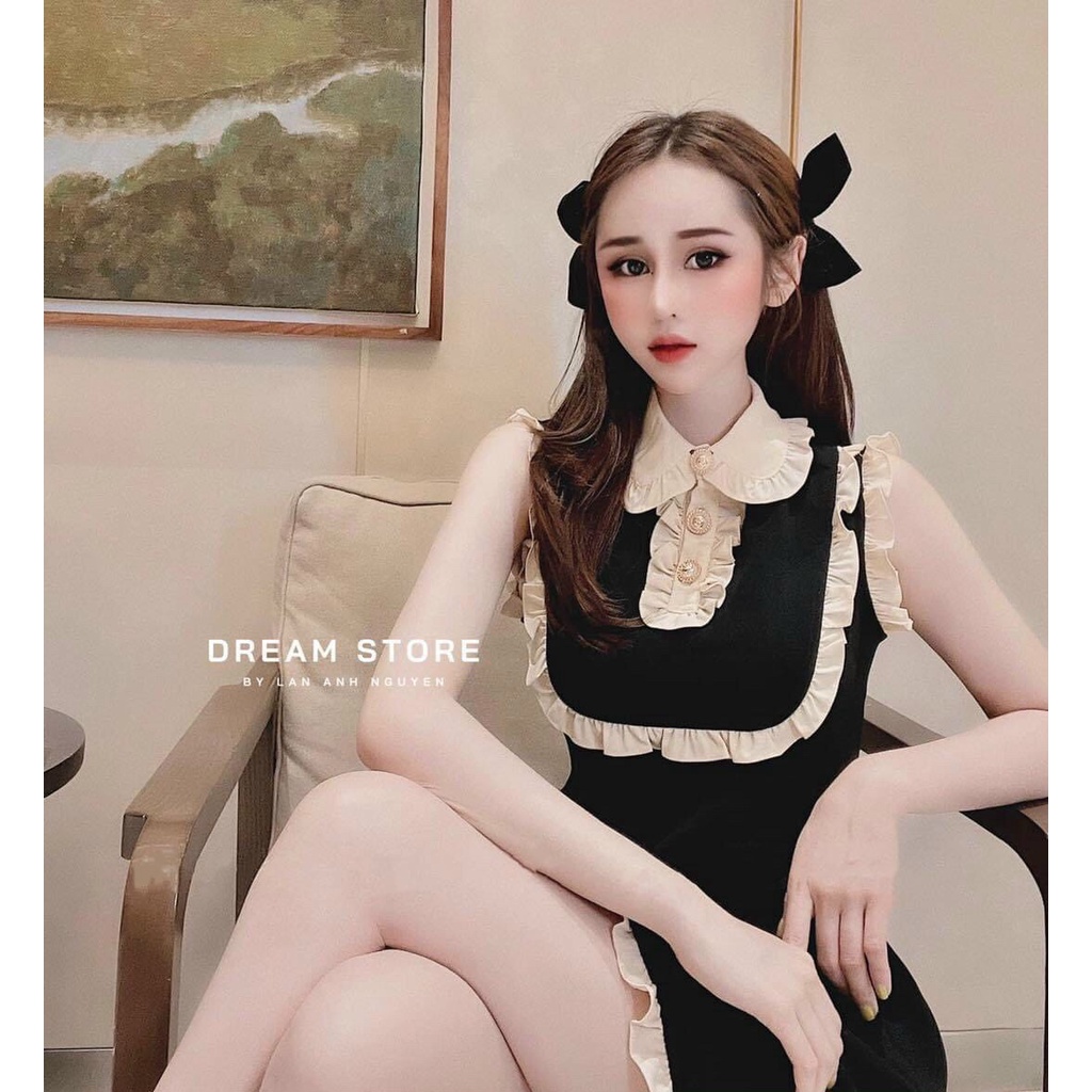 [ Miễn phí ship 2022 ] Đầm đen tiểu thư cánh tiên, đầm cổ bèo, đầm thiết kế cổ sơ mi đính nút dự tiệc sang trọng