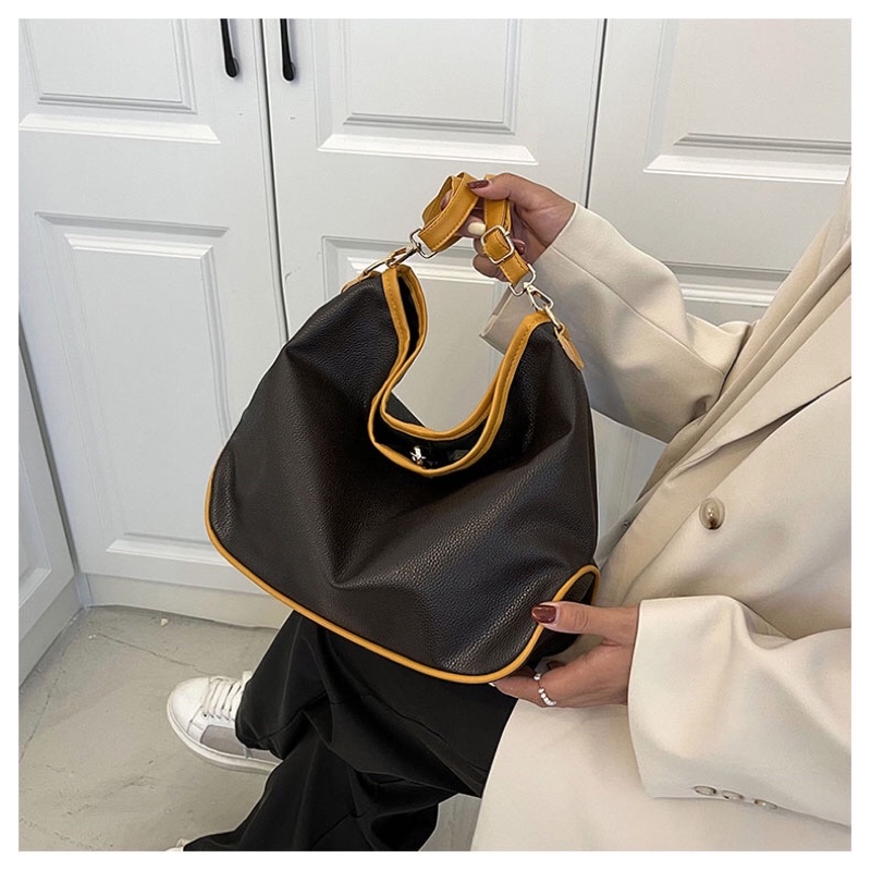 Túi da PU size to dáng công sở phối viền nâu (vừa a4, hình thật)