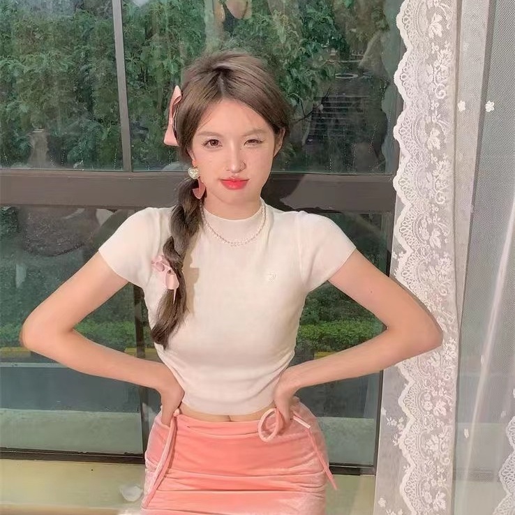 SUXI Áo Thun Dệt Kim Ngắn Tay Màu Sắc Đơn Giản Thời Trang Mùa Hè